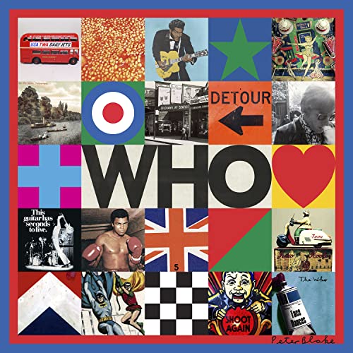 Album cover featuring a collage of various images, symbols, and the text WHO.