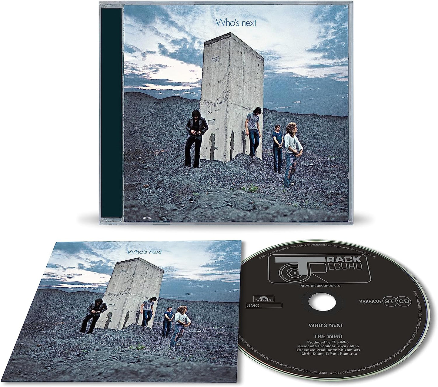 "CD case and disc for The Who's 'Who's Next' album, featuring band members near a concrete pillar."
