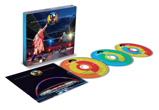 "The Who: With Orchestra Live at Wembley" CD and Blu-ray set with colorful discs.