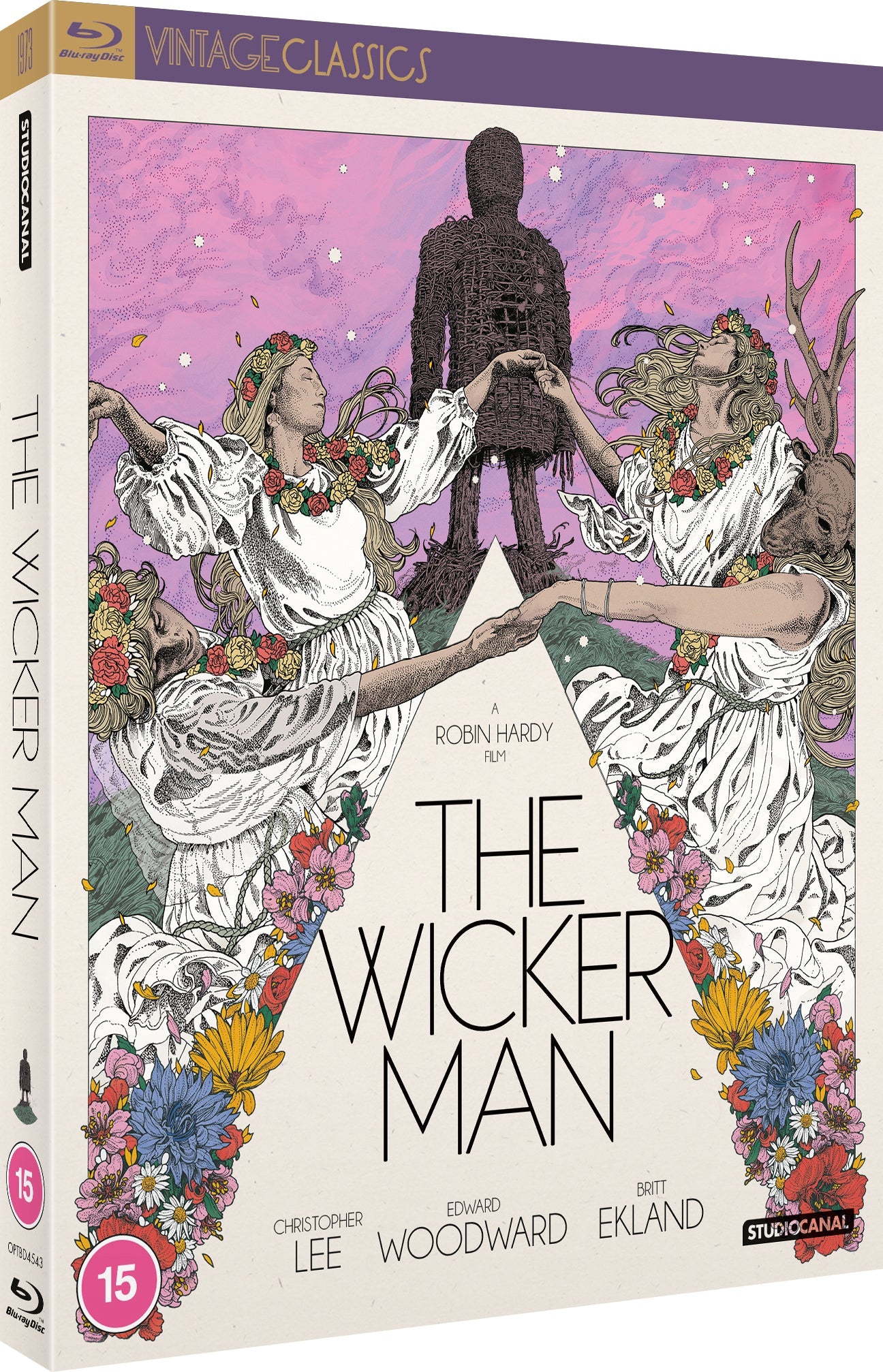“The Wicker Man” Blu-ray cover with illustrated figures and a wicker man.