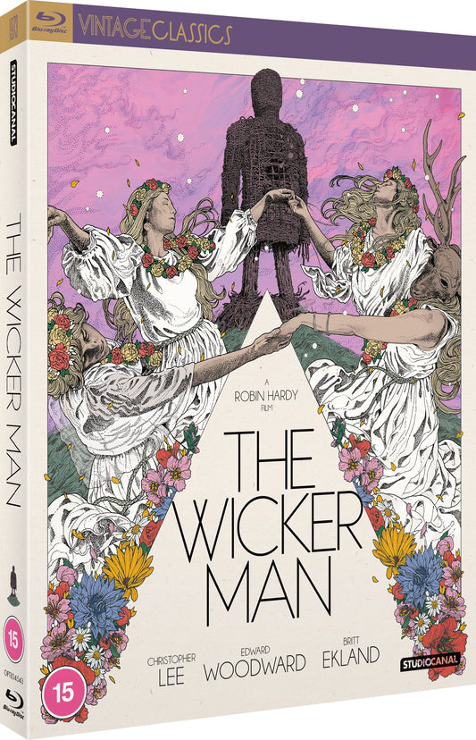 “The Wicker Man” Blu-ray cover with illustrated figures and a wicker man.