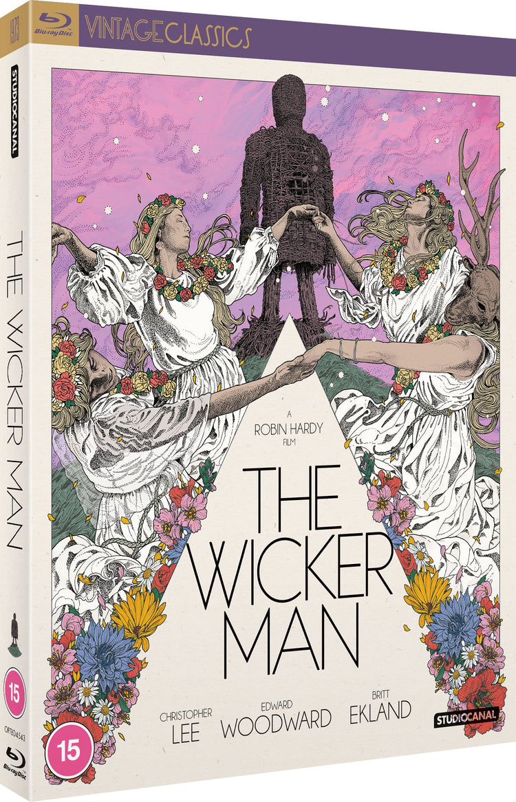 “The Wicker Man” Blu-ray cover with illustrated figures and a wicker man.