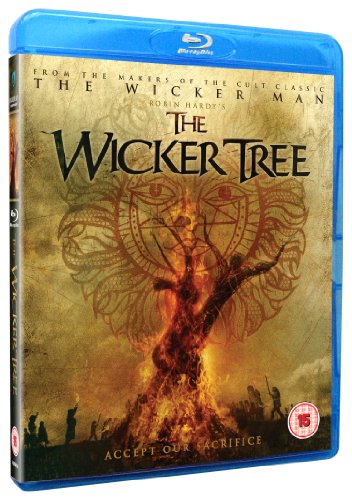 Blu-ray cover for The Wicker Tree showing a burning tree and a sun symbol.