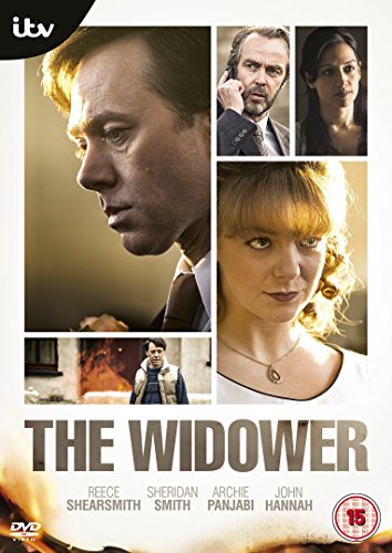 DVD cover for The Widower featuring a collage of four actors and burning edges.