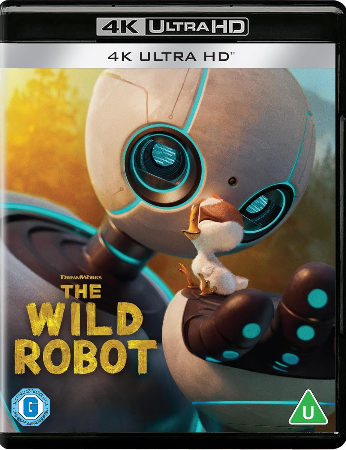4K UHD Blu-ray cover for "The Wild Robot" featuring a robot and gosling.