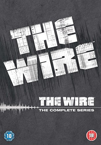 "The Wire: The Complete Series" DVD cover with city skyline and "18" rating badges.