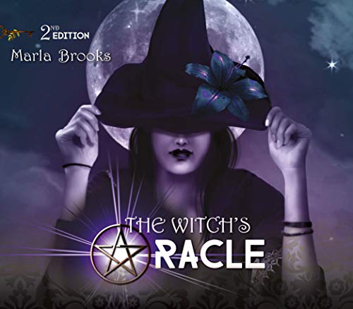 A woman in a witch's hat stands before a full moon with a pentagram logo.