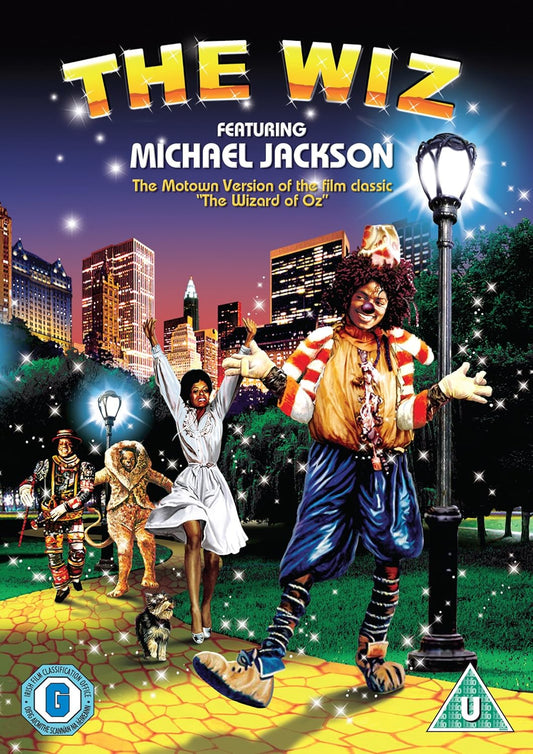 "The Wiz DVD cover featuring Michael Jackson and characters on a yellow brick road."