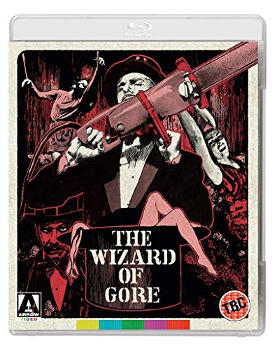 Blu-ray cover for "The Wizard of Gore" featuring a man with a saw.