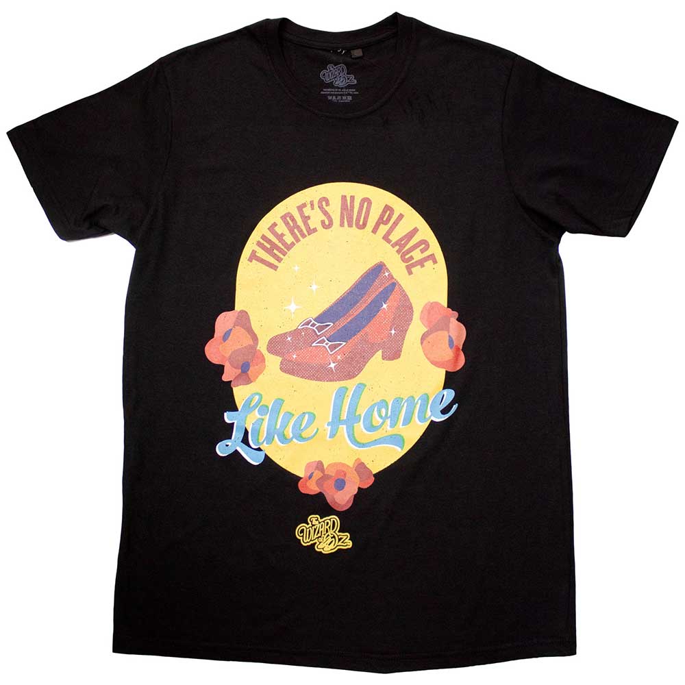 Dark-colored t-shirt with “There’s No Place Like Home” text, Wizard of Oz theme.