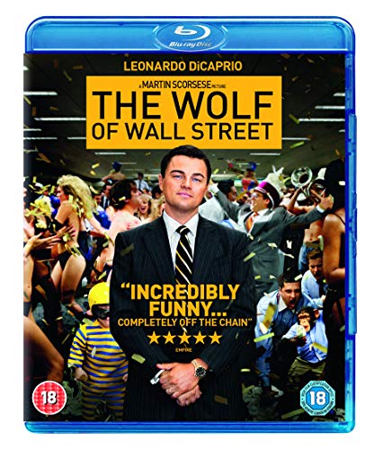 Leonardo DiCaprio in a suit on The Wolf of Wall Street Blu-ray cover.