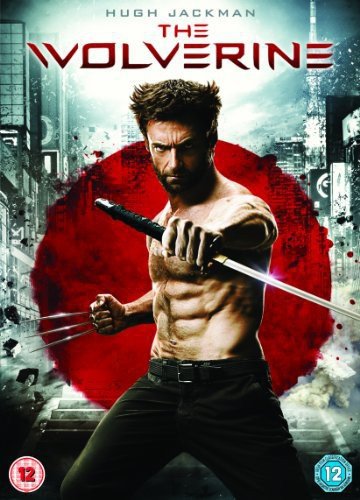 Hugh Jackman as Wolverine, shirtless, holding claws against a red sun.