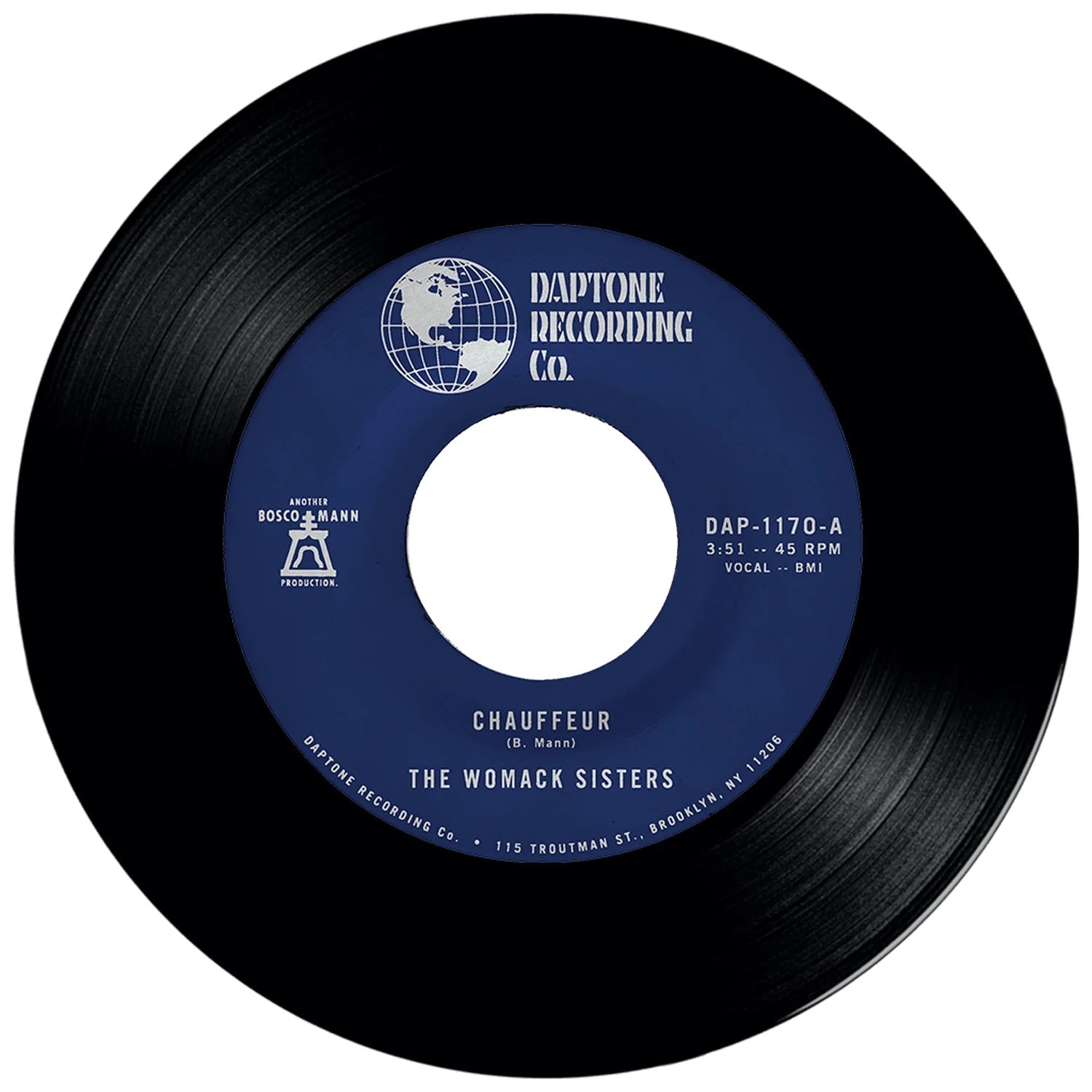 Black 7-inch vinyl record with a blue and white label, featuring text.