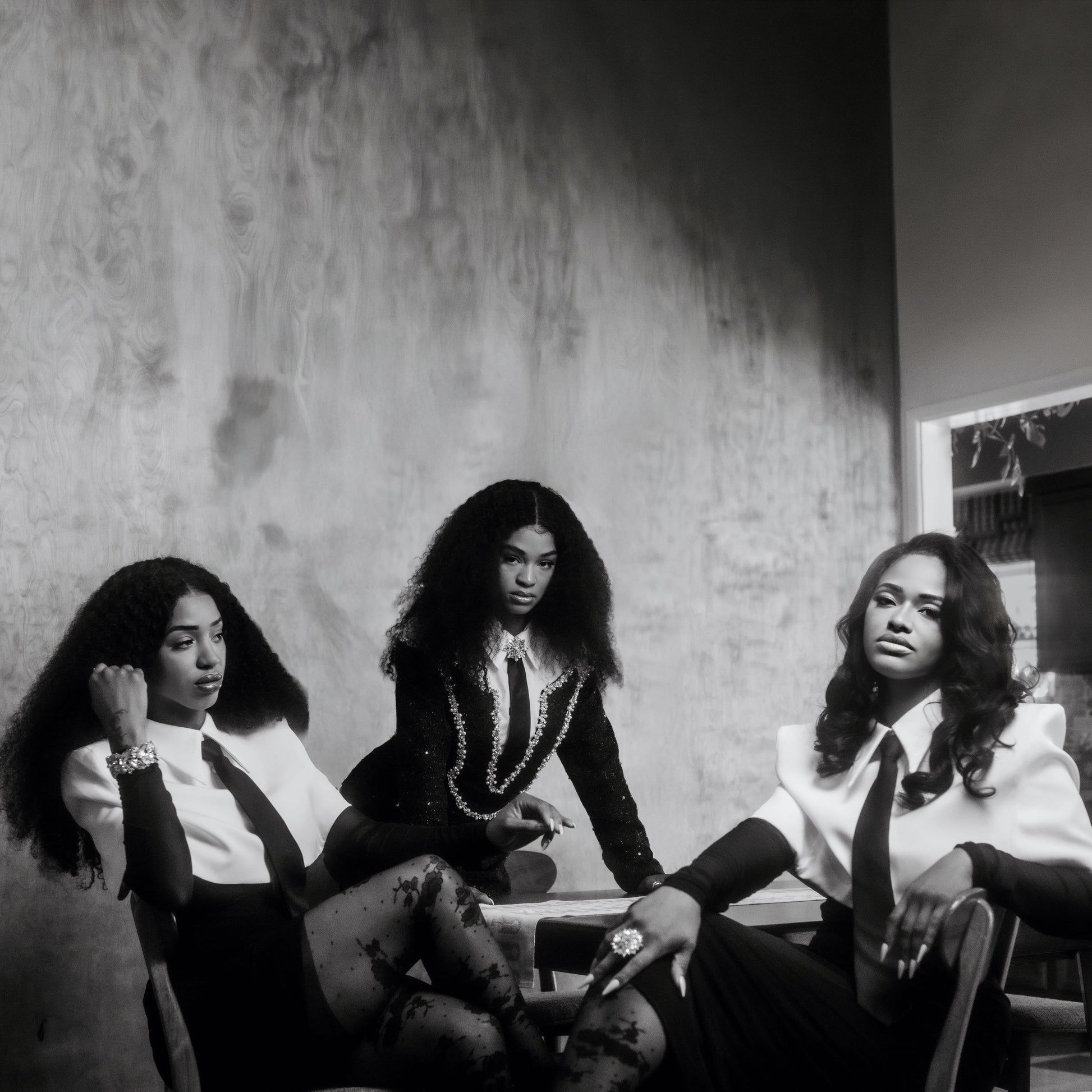 Black and white photo of three women with long, flowing hair.