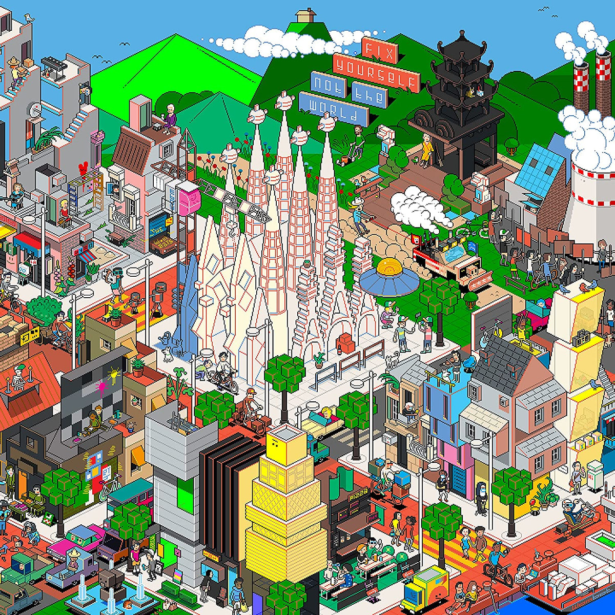 The alt text for the image is: "Colorful cartoon cityscape with buildings, people, and greenery."
