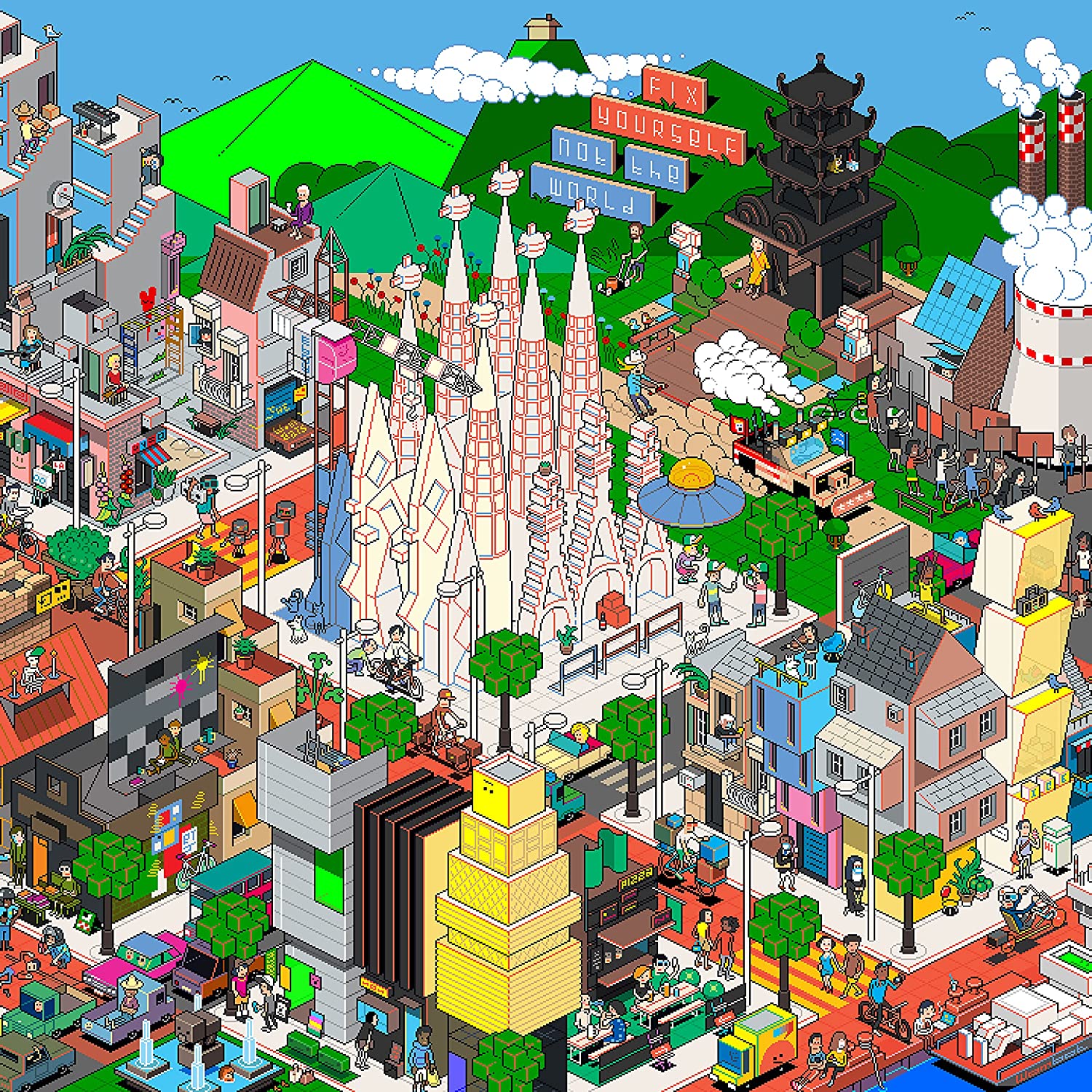 The alt text for the image is: "Colorful cartoon cityscape with buildings, people, and greenery."