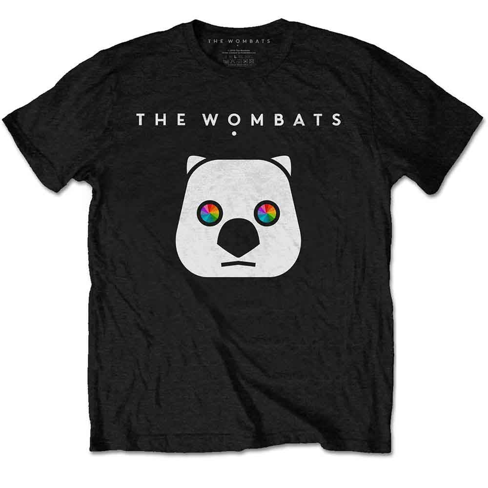Black t-shirt with white wombat head graphic and rainbow eyes.