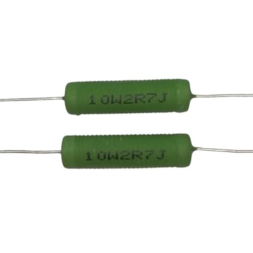 Two green cylindrical resistors with white text and wire leads.