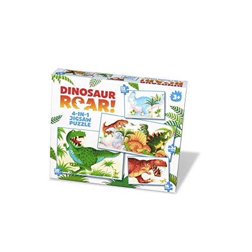 Box of "Dinosaur Roar" 4-in-1 jigsaw puzzles with dinosaur images.