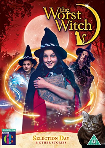DVD cover featuring three witches, a cat, and a full moon on red background.