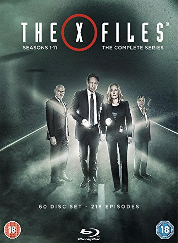 "The X-Files" Blu-ray cover featuring four main characters in dark attire, foggy background.