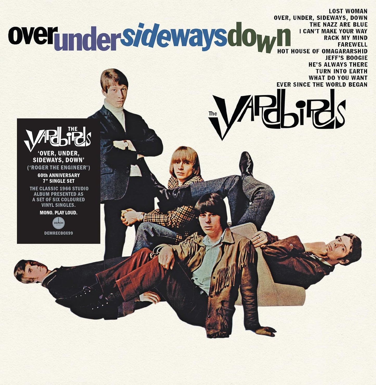 The Yardbirds album cover with five band members in various poses on beige background.