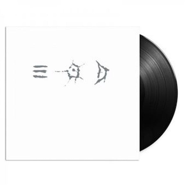 Vinyl record with white sleeve featuring abstract grey scratch-like symbols.