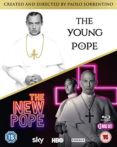 Blu-ray cover featuring two men in pope attire against white and black backgrounds.