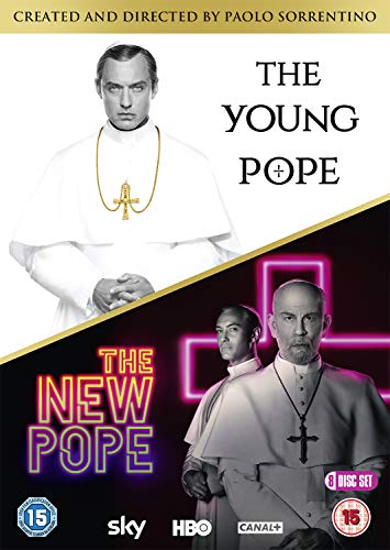 DVD cover featuring two scenes of men dressed as popes, with neon cross.