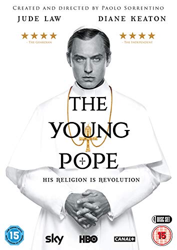 DVD cover of "The Young Pope" featuring a man in papal attire.