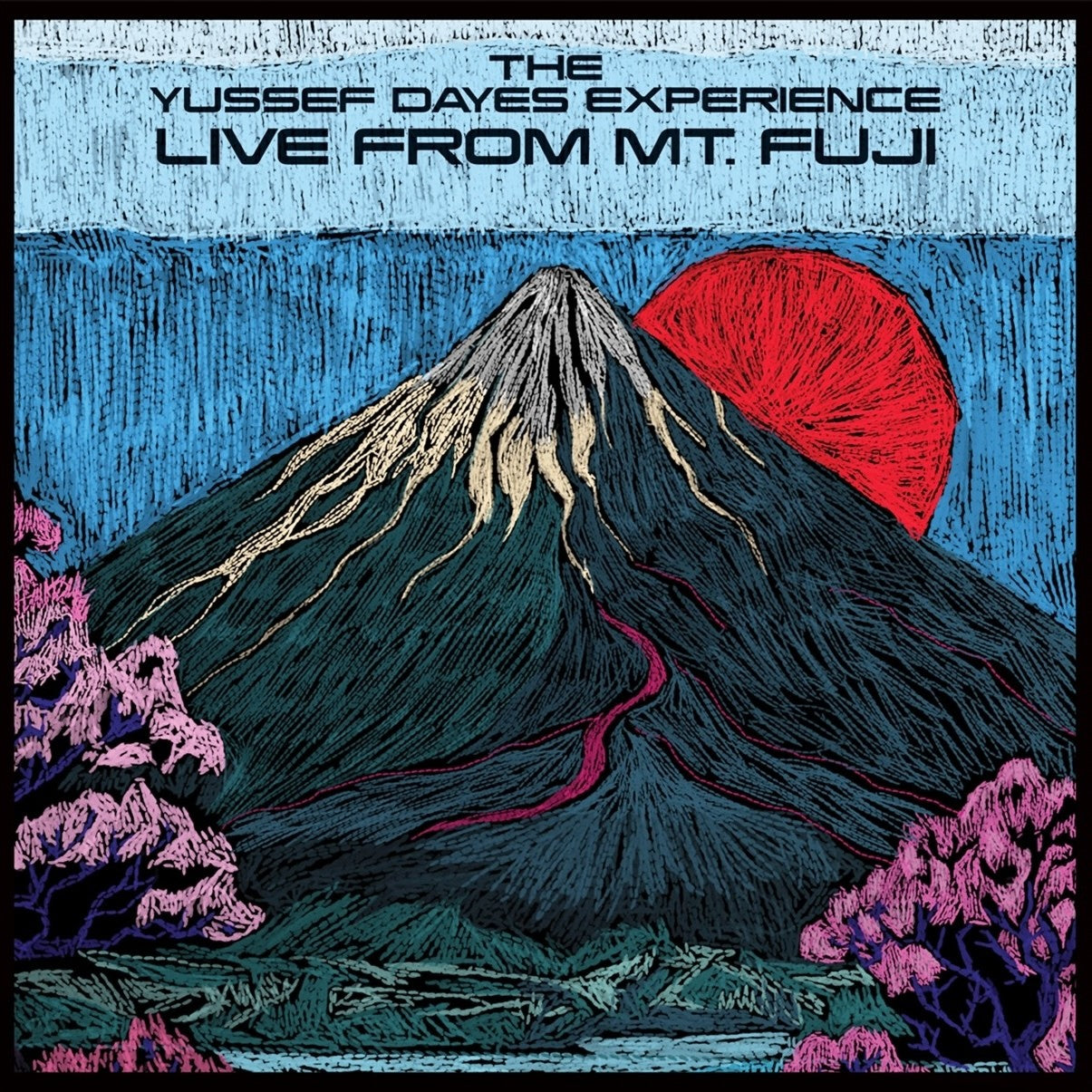 Record cover: Mount Fuji illustration with pink blossoms, dark blue sky.