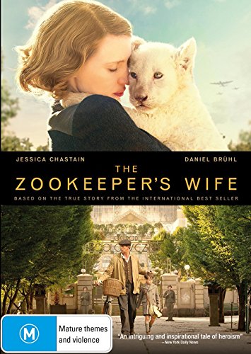 A woman holds a white lion cub on the cover of The Zookeeper's Wife Blu-ray.