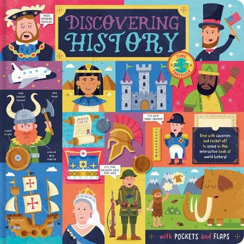 Colorful illustrated cover of "Discovering History" book with historical figures.