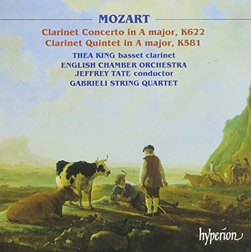 CD cover featuring a pastoral scene with people and cattle, text detailing Mozart compositions.