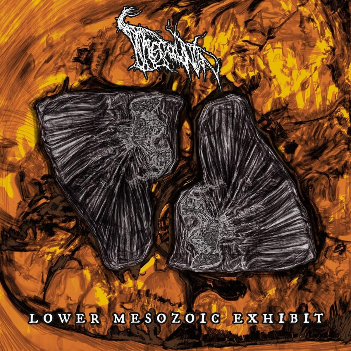 Album art showing two fossilized teeth against an orange and black textured background.