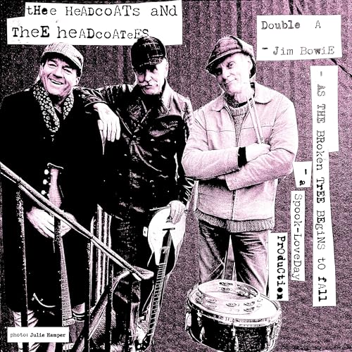 Black and white album cover featuring three musicians with instruments and text overlays.