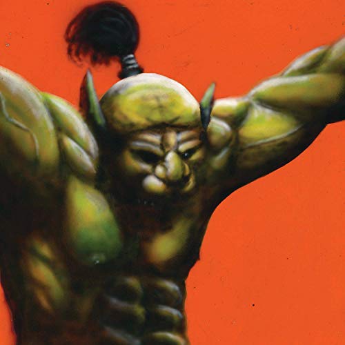 Painting of a muscular, green-skinned humanoid with a topknot, on orange.