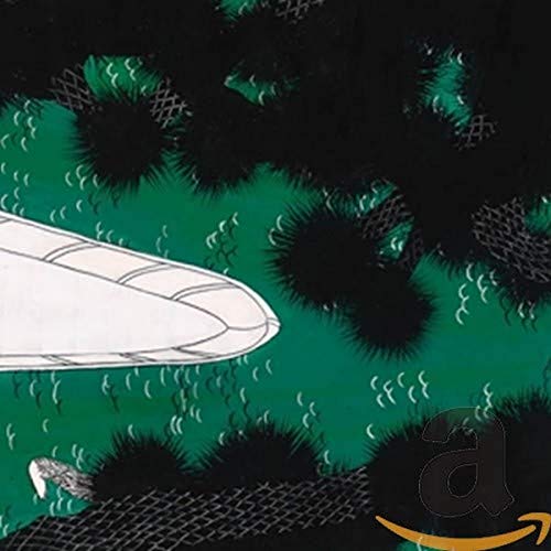Illustration of a white boat on a dark green, textured sea.