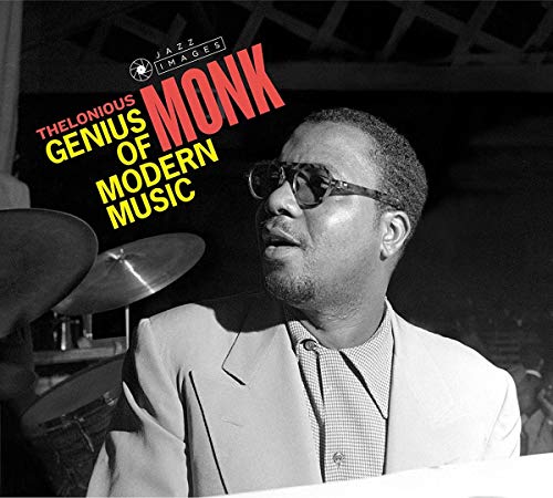 Black and white portrait of Thelonious Monk wearing sunglasses, album cover.