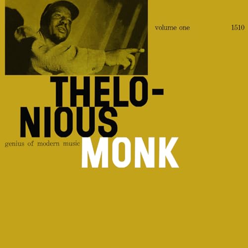 Thelonious Monk album cover with a gold background and a black and white portrait.