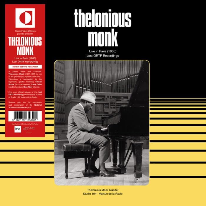 Thelonious Monk at a grand piano, black and white photo, red and yellow cover.