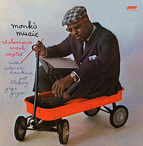 Thelonious Monk on a red wagon, album cover for "Monk's Music.