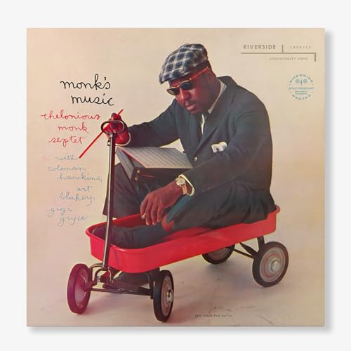 Thelonious Monk on album cover, wearing a cap and sunglasses, with a red wagon.