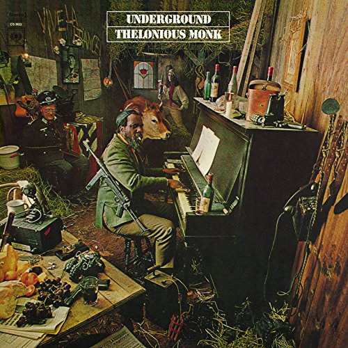 Thelonious Monk album cover: surreal scene with a man playing piano.