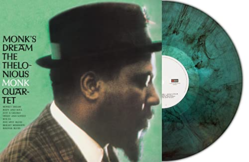 Vinyl record of Thelonious Monk’s “Monk’s Dream” with turquoise marble effect.