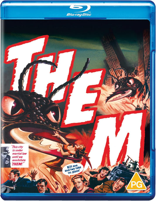 Blu-ray cover for 1954 sci-fi film "Them!" featuring giant ants and people.