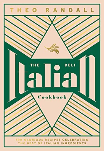 Book cover for The Italian Deli Cookbook with geometric green, cream, and gold patterns.