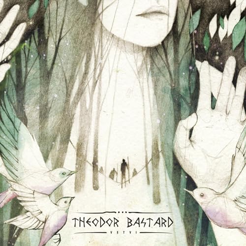 Painted CD cover with a face, trees, birds, and a distant figure.