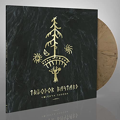 Vinyl record cover with gold tree design on a dark marbled background.