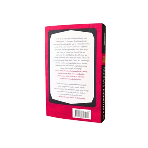 Book back cover, pink with white text and barcode, titled "Medusa's Daughters.
